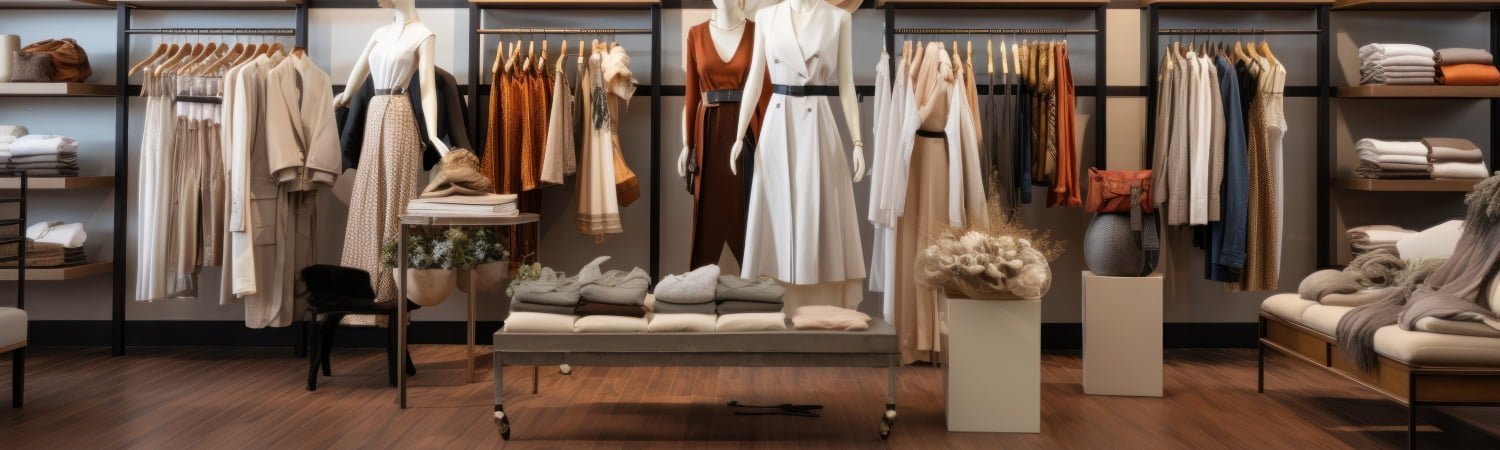 Trendy clothes showcased in a boutique store.