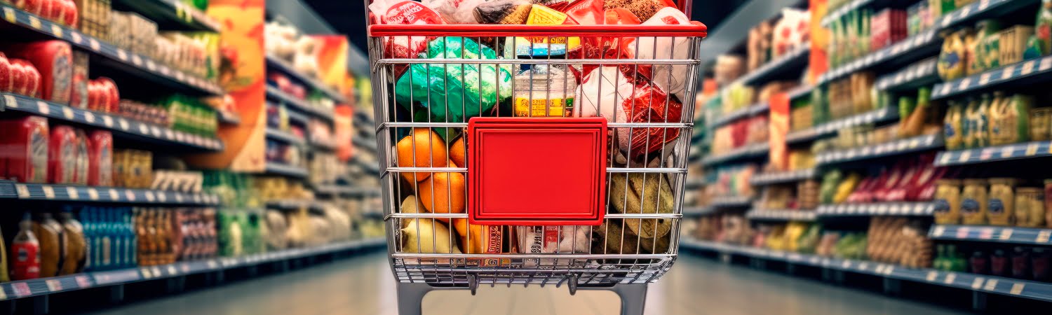 shopping cart full of products inside a supermarket